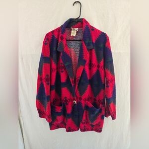 Vtg JEANS WEAR Vibrant Aztec L Sleeve 1 Button Fleece Jacket. Ladies Size Large